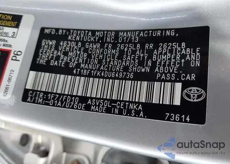 2013 Toyota Camry Le из США, поврежденный, VIN 4T1BF1FK4DU649736